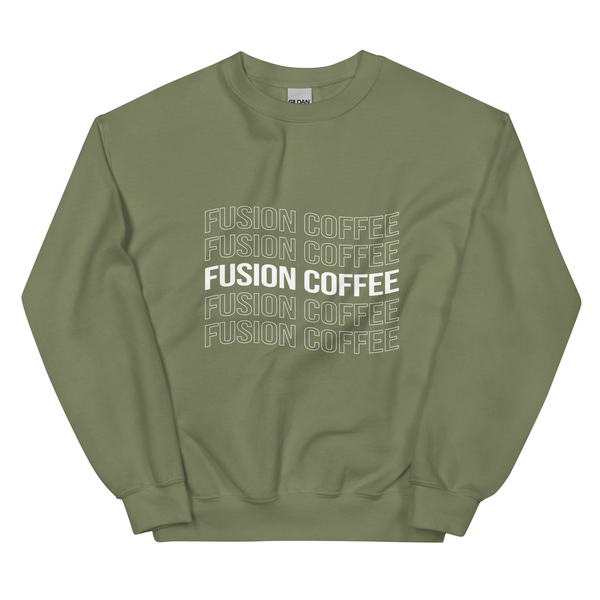 Olive-green crewneck sweatshirt with “Fusion Coffee” repeated five times, the center line in solid white.