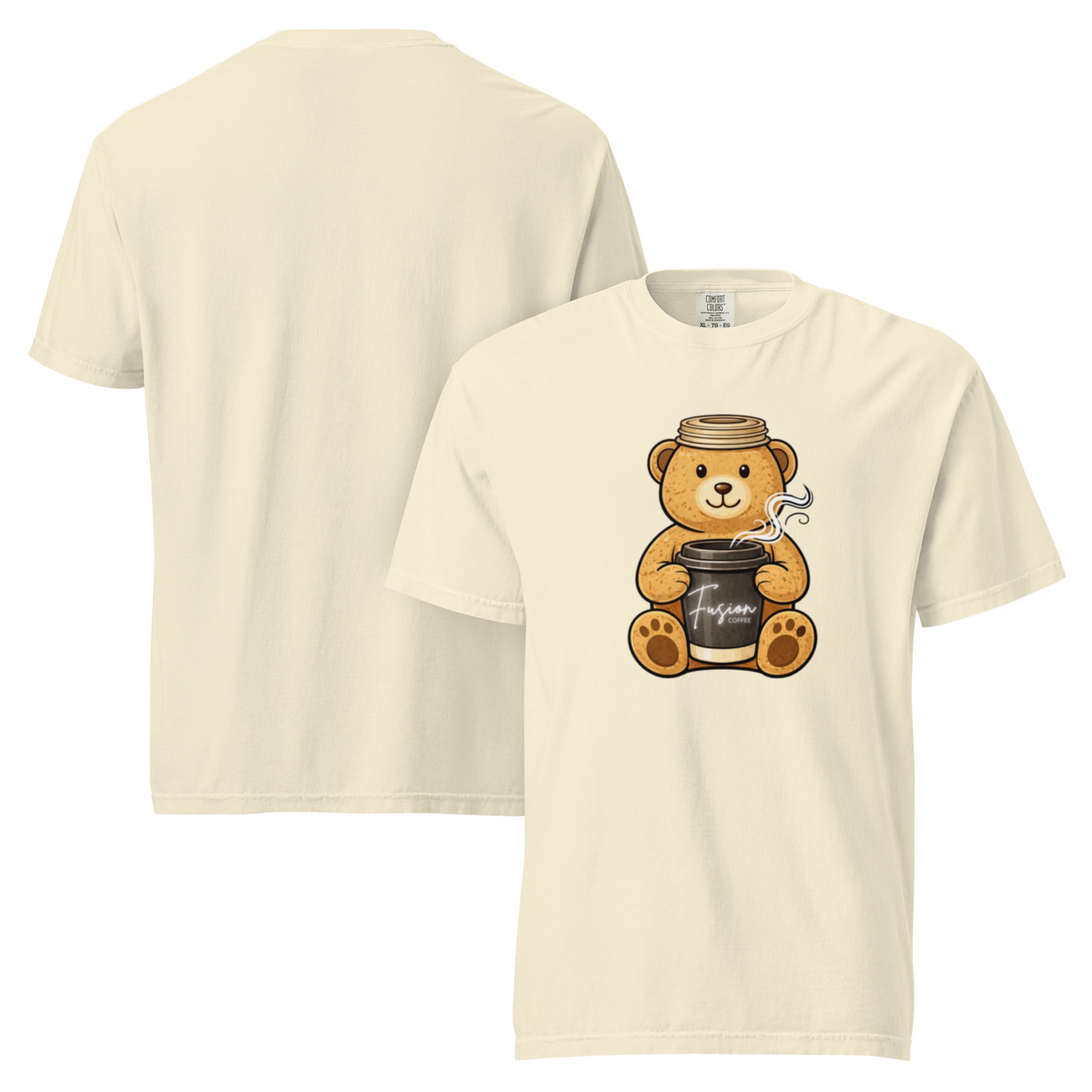 Natural cotton tee with a cartoon teddy bear hugging a black Fusion Coffee to-go cup.