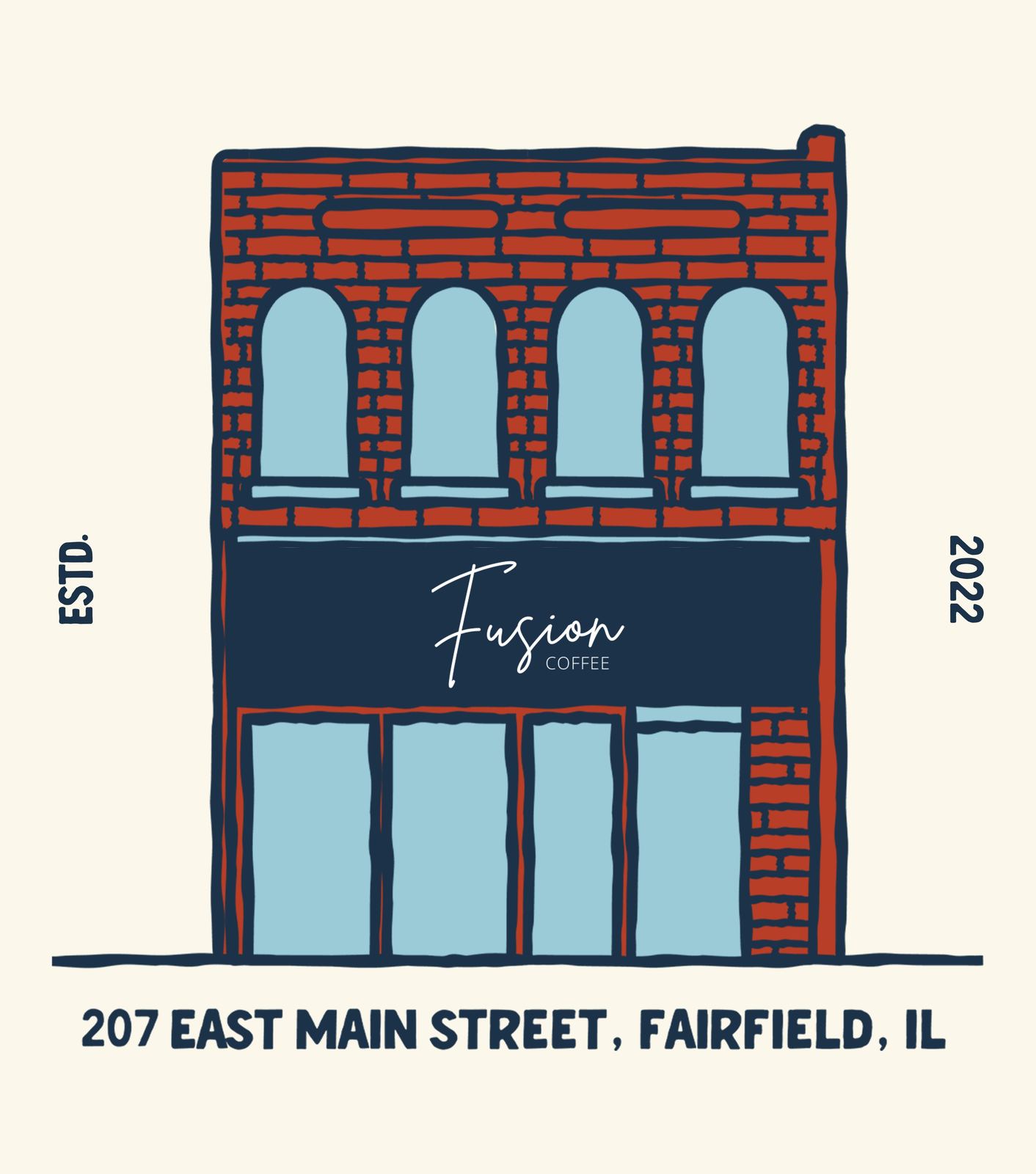 Sticker of the Fusion Coffee brick storefront with the navy sign, ESTD 2022, 207 East Main Street, Fairfield, IL.
