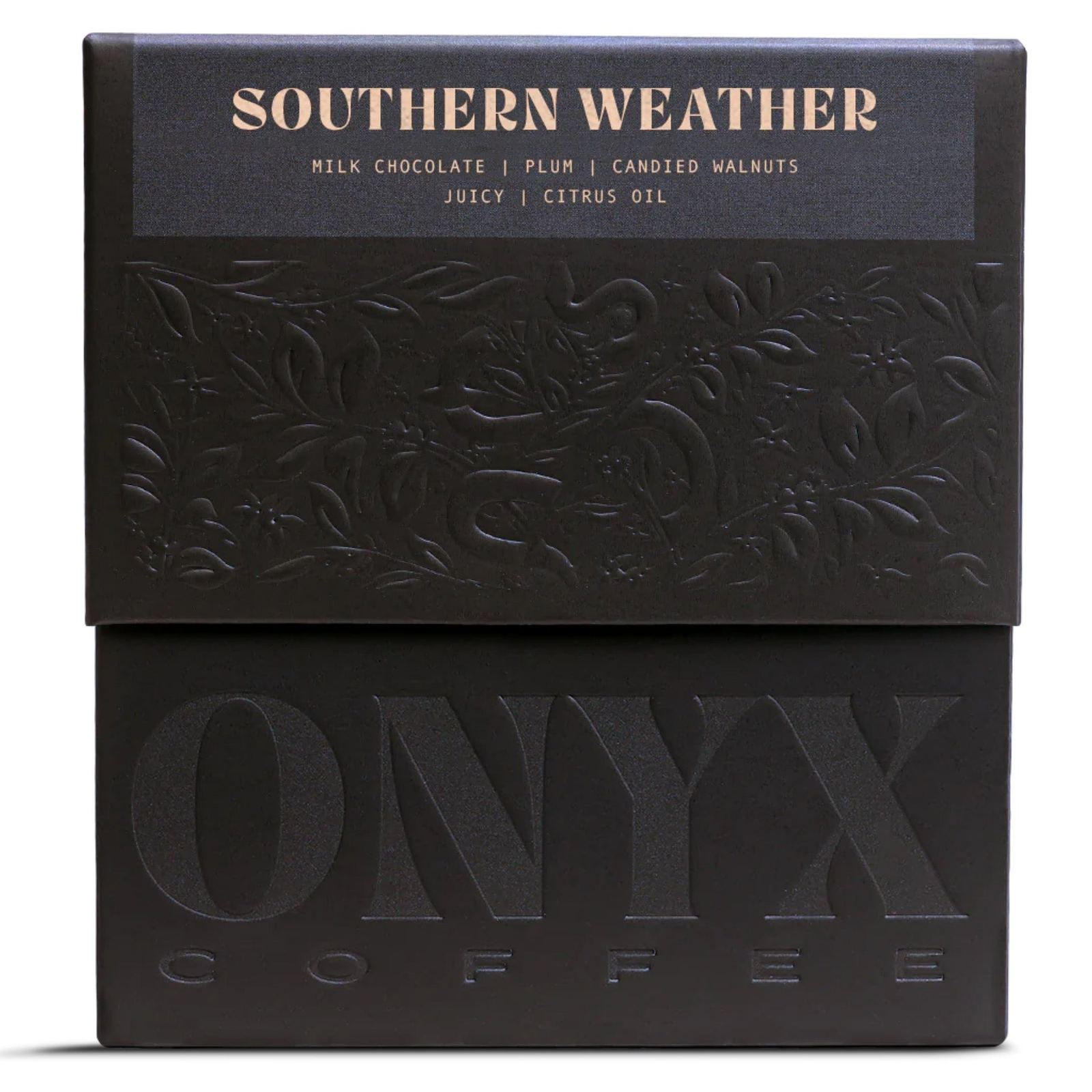 Onyx Coffee Lab “Southern Weather” bean box in charcoal with embossed botanical artwork.