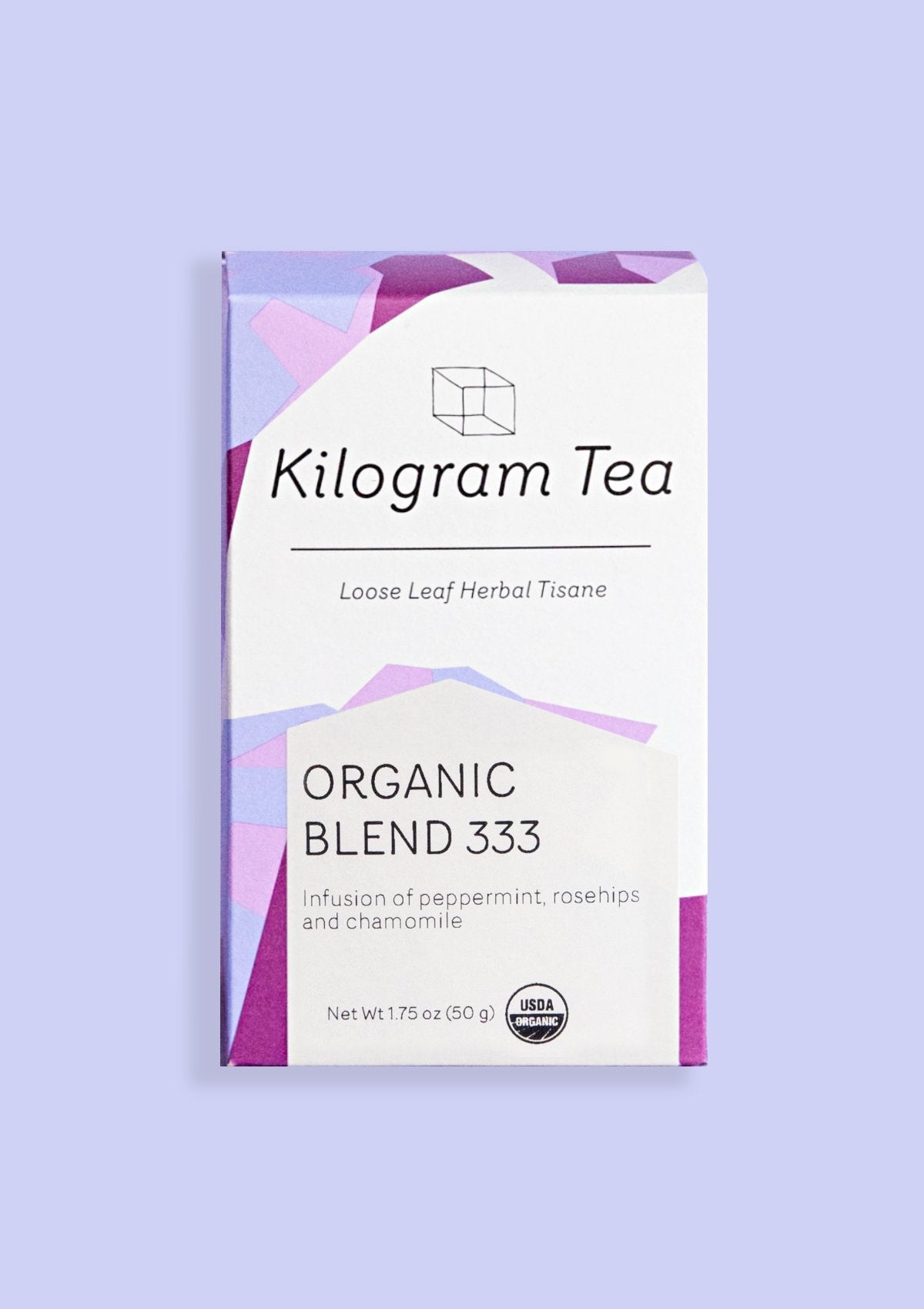 Kilogram Tea “Organic Blend 333” loose-leaf herbal tisane in purple packaging.