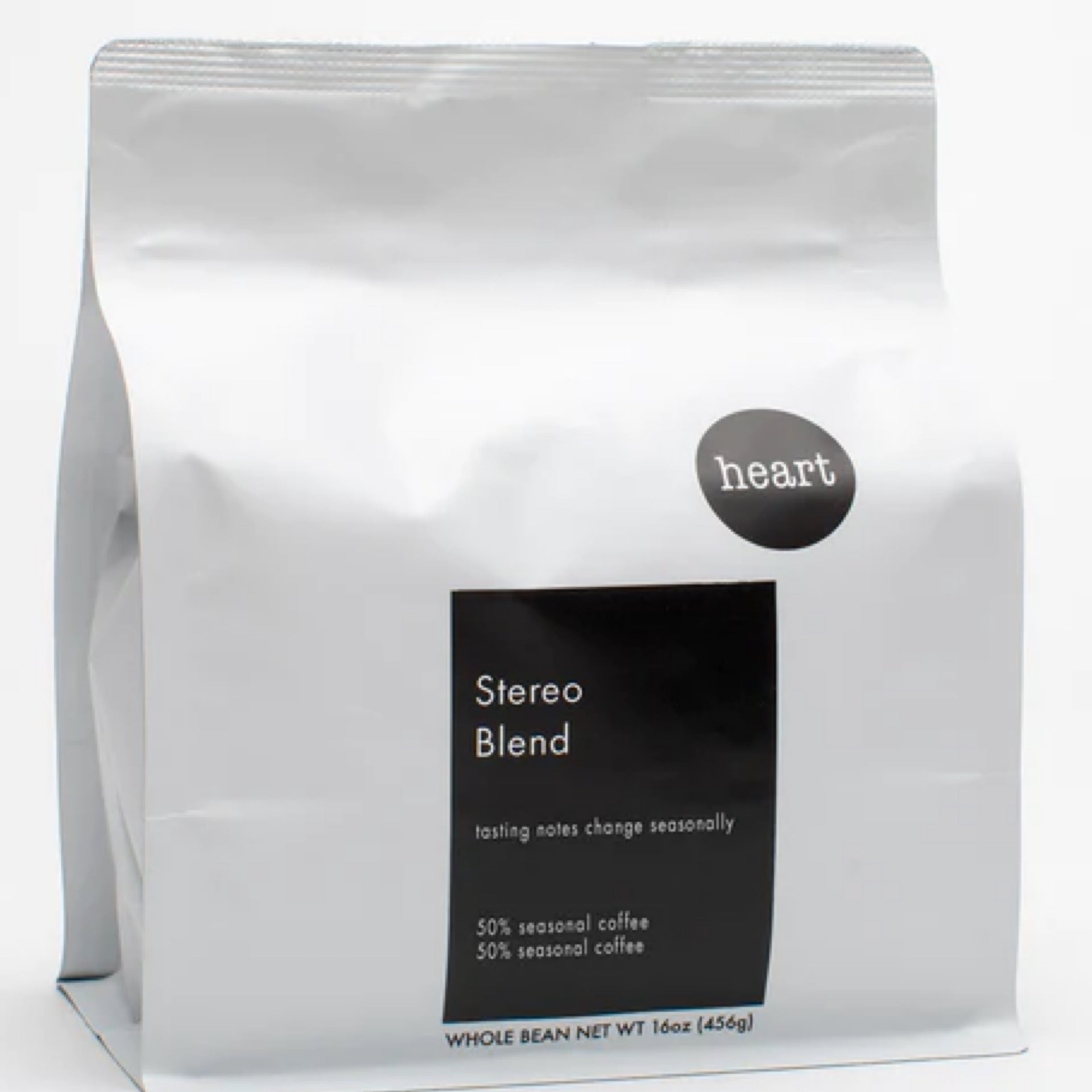 Silver foil bag of Heart Coffee Roasters “Stereo Blend” whole-bean coffee, 16 oz.