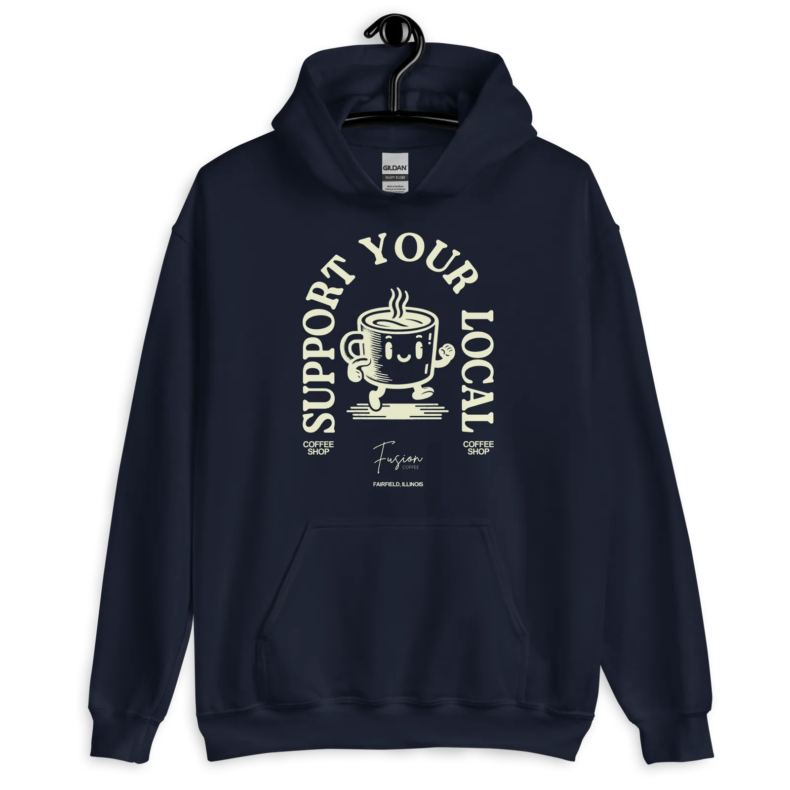 Navy Fusion Coffee hoodie reading “Support Your Local Coffee Shop” around a retro smiling coffee-cup mascot, Fairfield, Illinois.