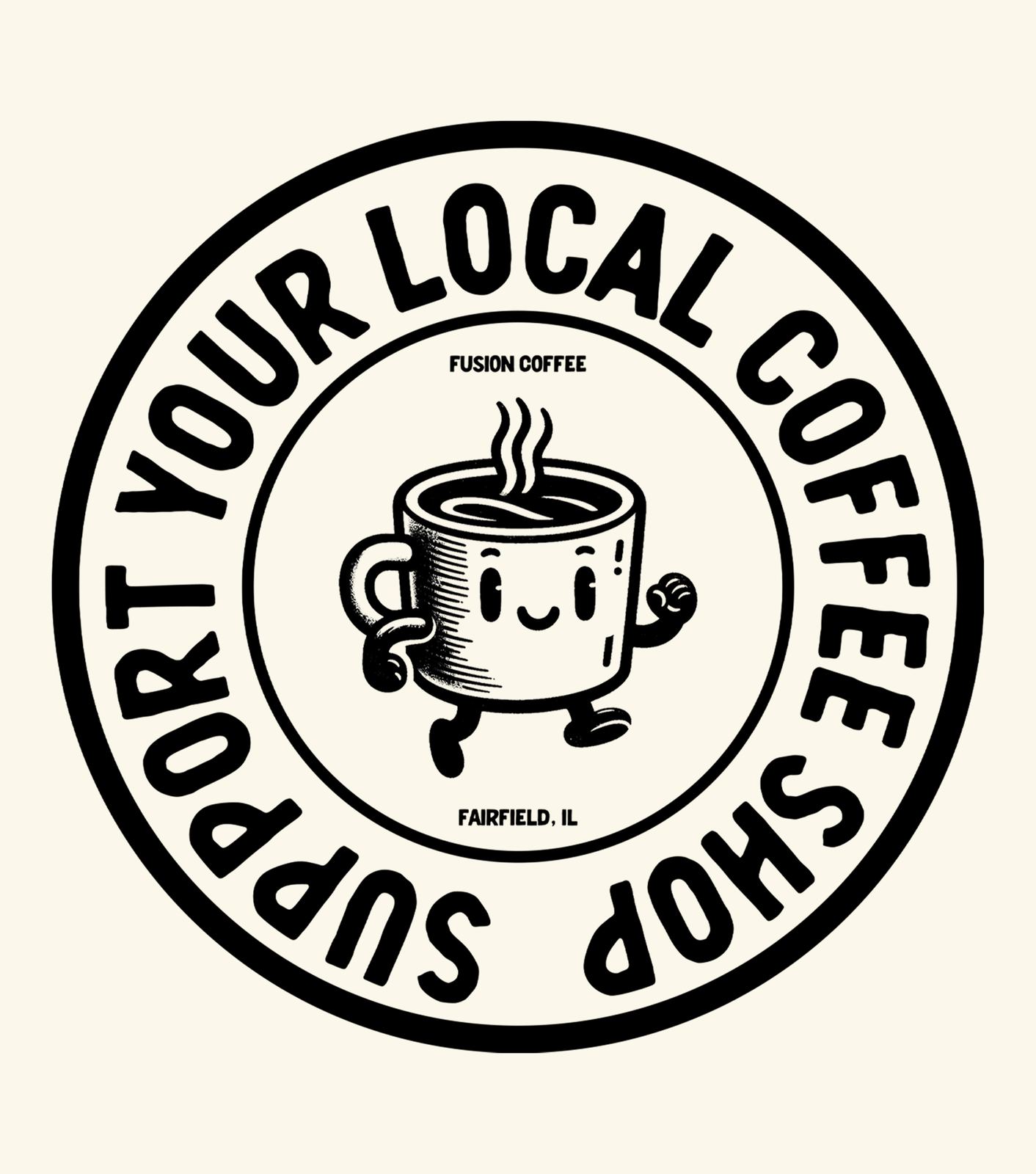 Round black-and-cream badge sticker reading “Support Your Local Coffee Shop” around a flexing coffee-cup mascot.